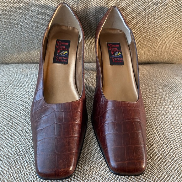 Carlos Falchi Croia Croc Texture Mid Geometric Shape Heel. Square Toe. Size 9.5. - Picture 2 of 13